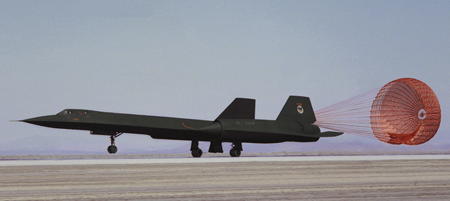 One of two initial US Air Force SR-71A Blackbirds that was retired from operational service and loaned to NASA for high-speed research programs deploys its drag chute as it arrives at NASA’s Dryden Flight Research Center in California. (NASA)